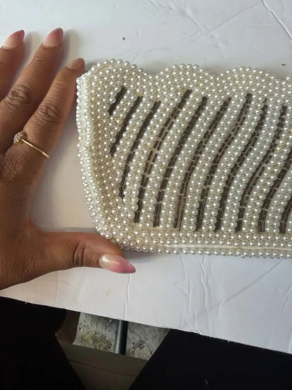 Vintage 1950s Faux Pearl and Grey Bugle Bead Wavy Scalloped Clutch Purse